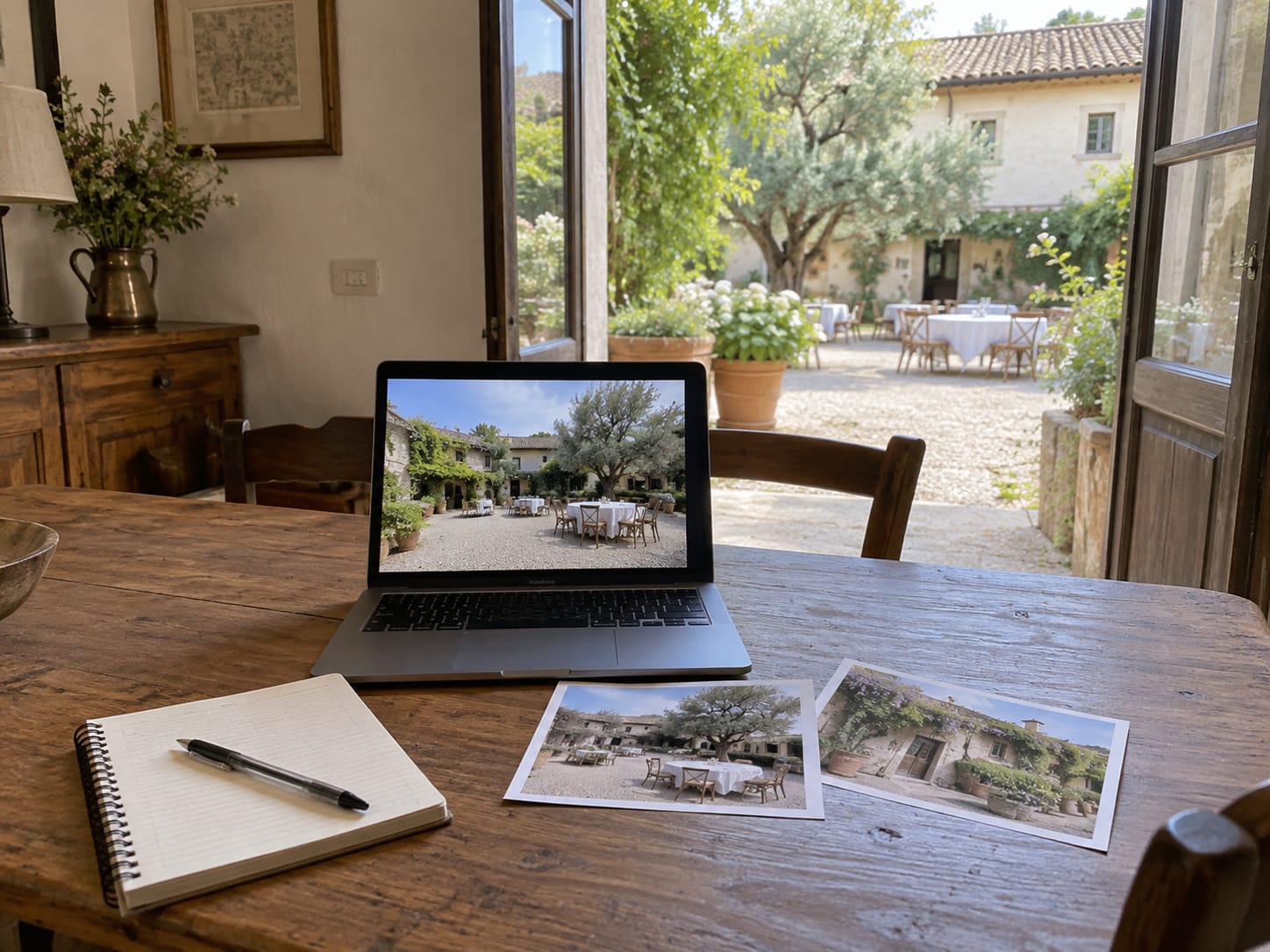 Scrivania con laptop e foto di una location, in fase di preparazione della propria vetrina